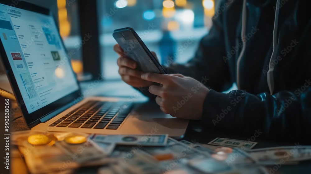 Person using a smartphone while working on a laptop with scattered cash on a table in an urban setting at night Person using a smartphone while working on a laptop with scattered cash on a table in an urban setting at night