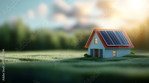 A modern house with solar panels, surrounded by green grass. Perfect for themes of sustainability and eco-friendly living.