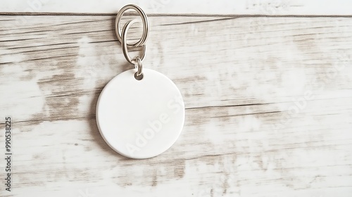 Close-up of a blank white round keychain on a rustic wooden surface, ideal for customization or promotional purposes.