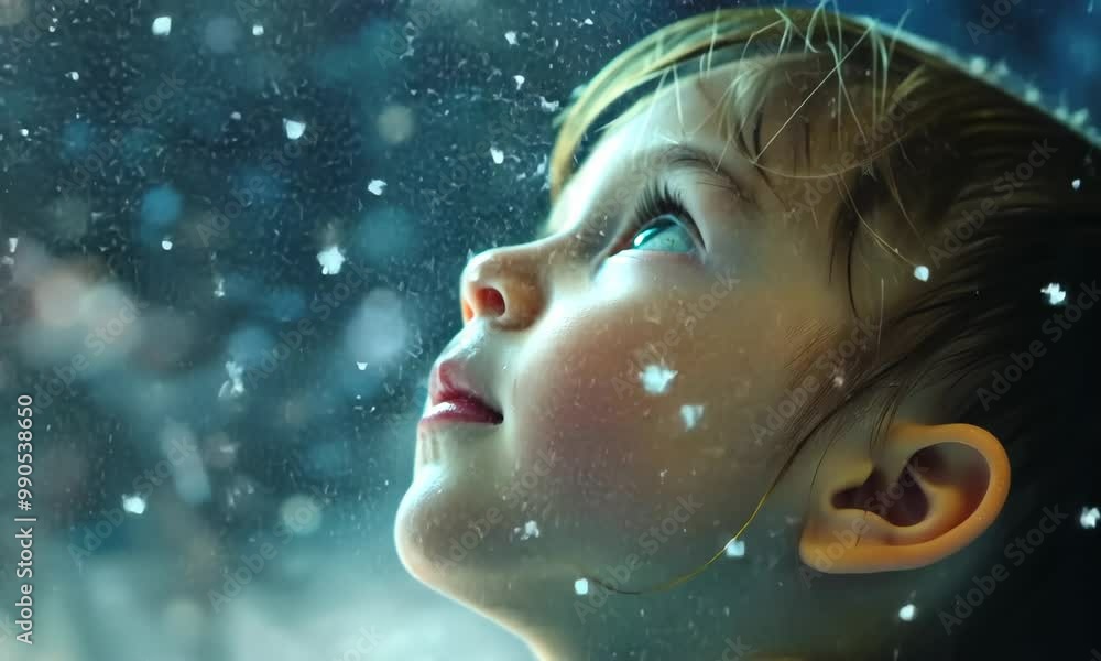 A young child is looking up at the sky, with snowflakes falling around them Video A young child is looking up at the sky, with snowflakes falling around them Video