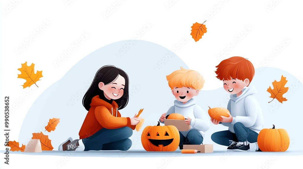 Three children happily carving pumpkins together during a fun Halloween celebration, surrounded by autumn leaves. Three children happily carving pumpkins together during a fun Halloween celebration, surrounded by autumn leaves.