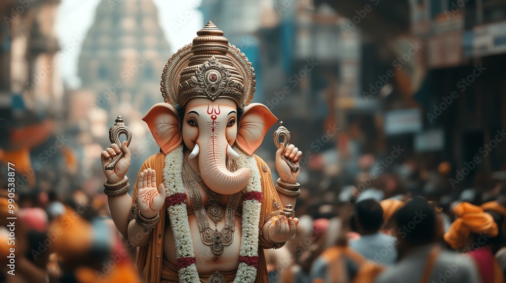 Fototapeta premium Vibrant Ganesh idol procession captured amidst festive crowds, celebrating culture and devotion during a religious festival.