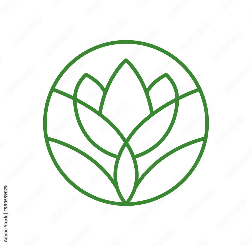 Simple plant round green line logo aesthetics . Emblem flower in circle linear style. Vector abstract badge for design of natural products, flower shop, cosmetics, ecology concepts, health, spa, yoga Simple plant round green line logo aesthetics . Emblem flower in circle linear style. Vector abstract badge for design of natural products, flower shop, cosmetics, ecology concepts, health, spa, yoga