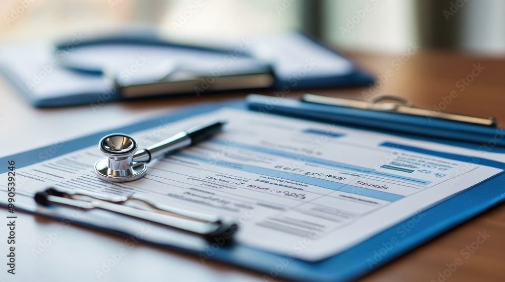 A medical clipboard with a stethoscope and pen, indicating healthcare documentation. A medical clipboard with a stethoscope and pen, indicating healthcare documentation.