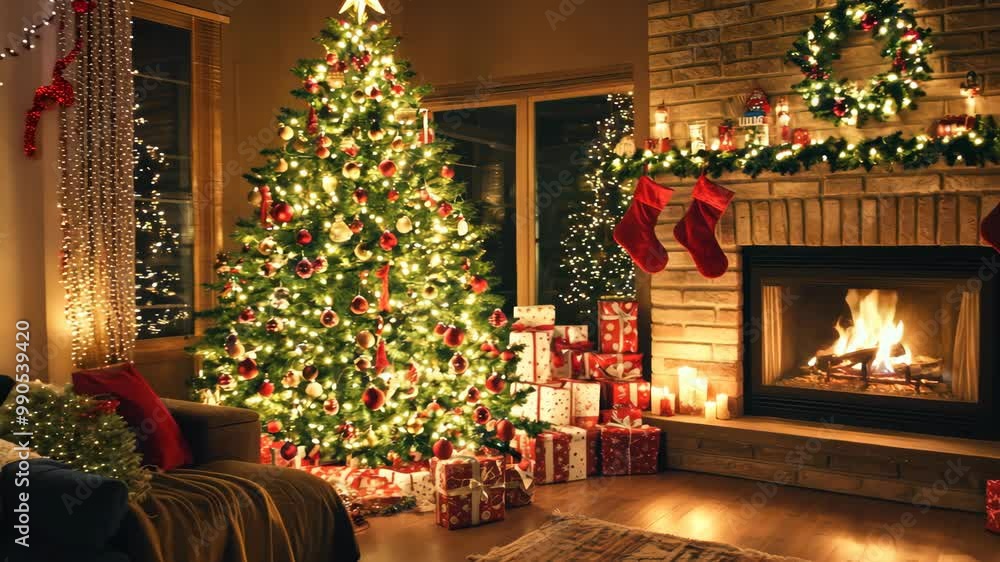 Christmas tree and gifts, burning wood in fireplace, decorated home for holiday, living room interior Christmas tree and gifts, burning wood in fireplace, decorated home for holiday, living room interior
