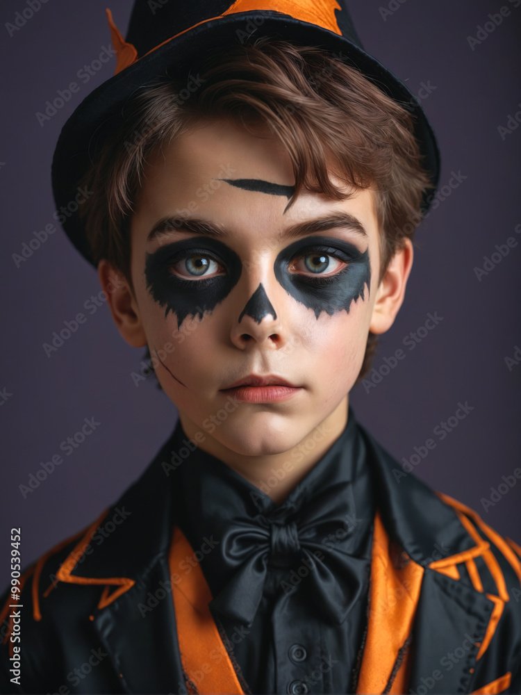 a young boy painted with black and orange paint on his face, with a top hat. a young boy painted with black and orange paint on his face, with a top hat.