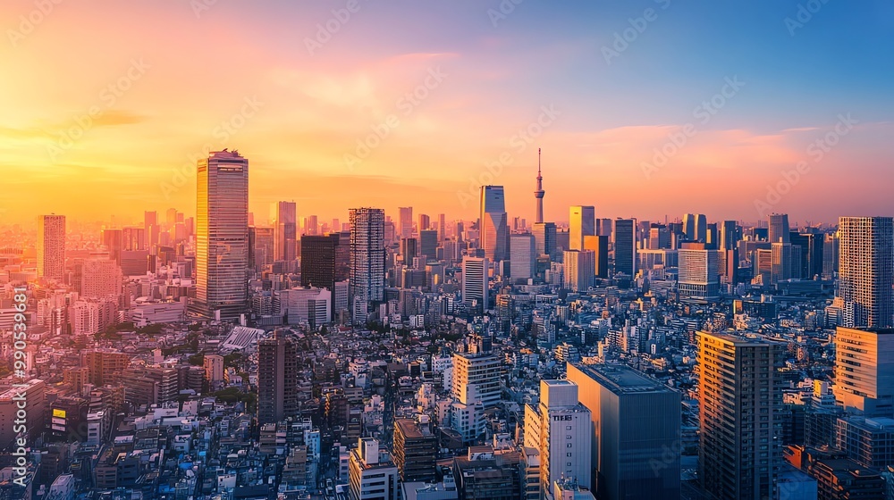 Obraz premium A panoramic view of the Tokyo skyline at sunset, showcasing modern architecture.