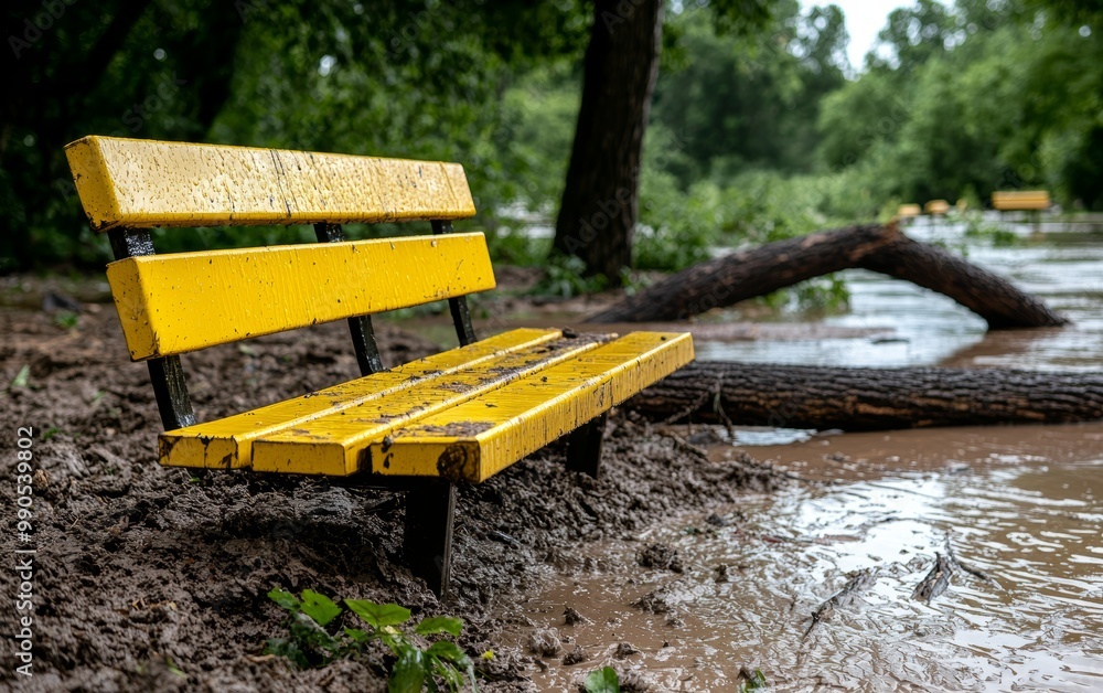 Naklejka premium A park destroyed by floodwaters, with fallen trees and benches submerged in mud