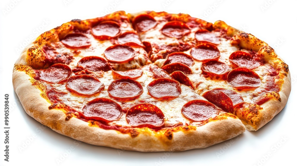 A delicious pepperoni pizza with a slice removed, sitting on a white background. A delicious pepperoni pizza with a slice removed, sitting on a white background.