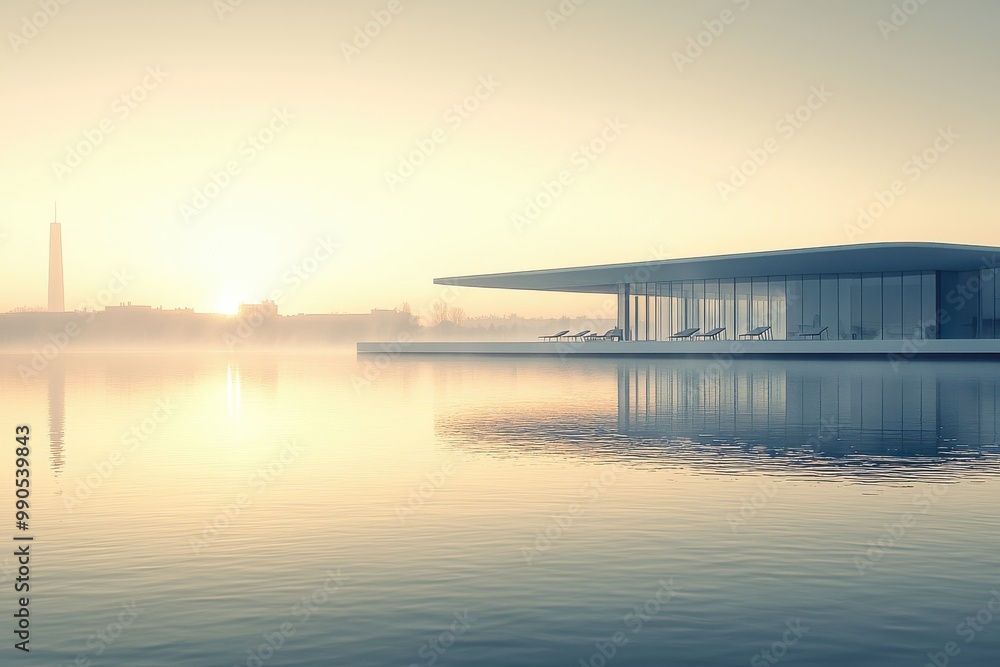 Fototapeta premium Futuristic glass building reflecting in calm lake at sunset