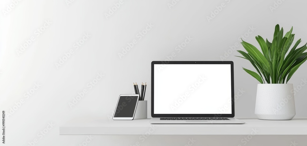 A white laptop with a tablet and plant on a clean desk, modern minimalist office style, soft shadows and lighting, isolated on white background A white laptop with a tablet and plant on a clean desk, modern minimalist office style, soft shadows and lighting, isolated on white background