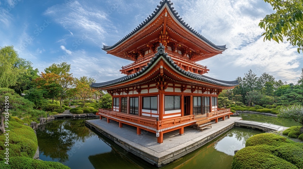 Naklejka premium A panoramic shot of a traditional Japanese temple with its pagoda-style roof and surrounding serene gardens.