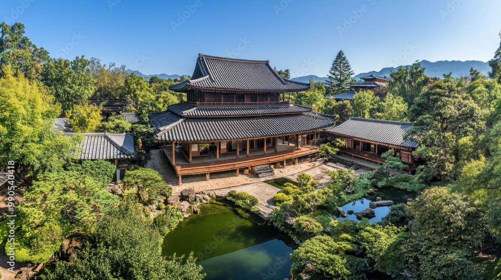 A panoramic shot of a traditional Japanese temple with its pagoda-style roof and surrounding serene gardens. A panoramic shot of a traditional Japanese temple with its pagoda-style roof and surrounding serene gardens.