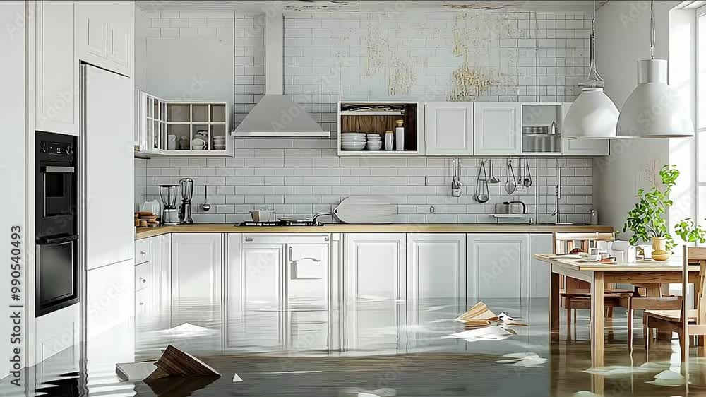 The kitchen floor is flooded. hurricane damage. flood damage The kitchen floor is flooded. hurricane damage. flood damage