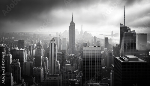 A black-and-white photo of a famous city skyline or iconic landmark, evoking a timeless, classic look