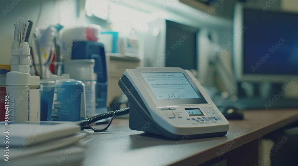 A medical device on a desk surrounded by various healthcare supplies. A medical device on a desk surrounded by various healthcare supplies.