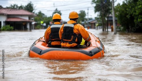 Emergency responders navigating flooded streets in inflatable rescue boats photo