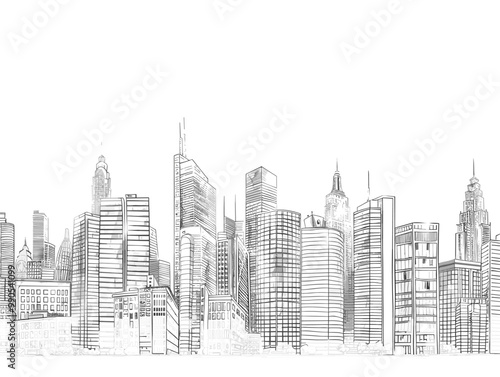 isolate white background, City Skyline - with skyscrapers and urban sprawl., drawings in colure pencil easy, very simple and isolate in the style of animated illustrations, white background