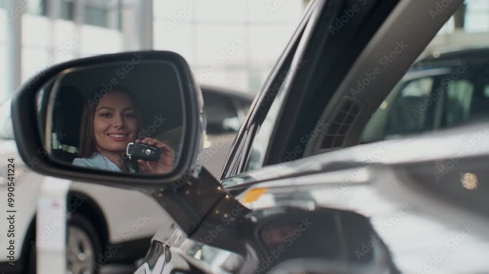 Young woman showing key to new car. Young woman showing key to new car.