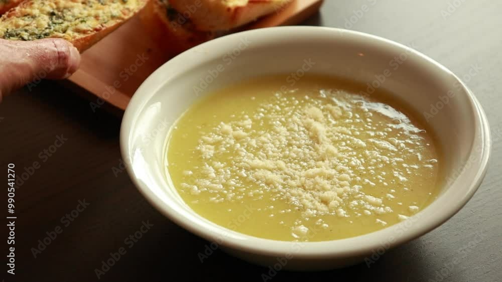 Zucchini Cream Soup with Parmesan and Garlic Bread Close-Up on Dark Background Zucchini Cream Soup with Parmesan and Garlic Bread Close-Up on Dark Background