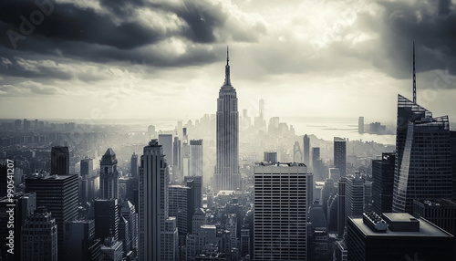 A black-and-white photo of a famous city skyline or iconic landmark, evoking a timeless, classic look