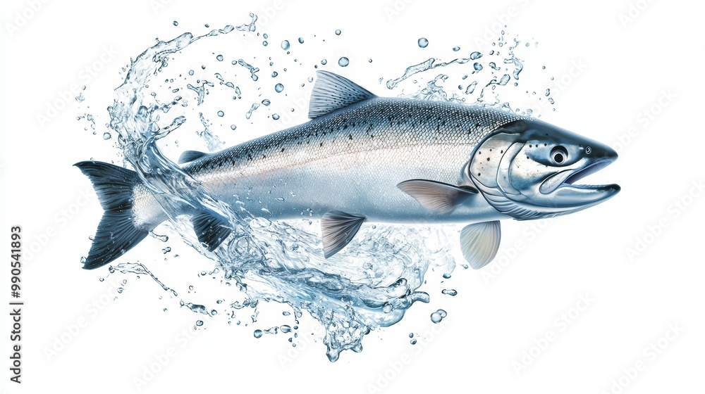 Obraz premium Leaping salmon fish with water splash, highly detailed fins and scales, hyper-realistic rendering, isolated on white background