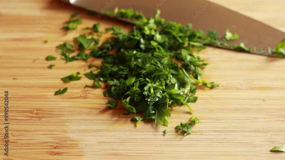 Chopped Parsley on a Cutting Board Close-Up Chopped Parsley on a Cutting Board Close-Up
