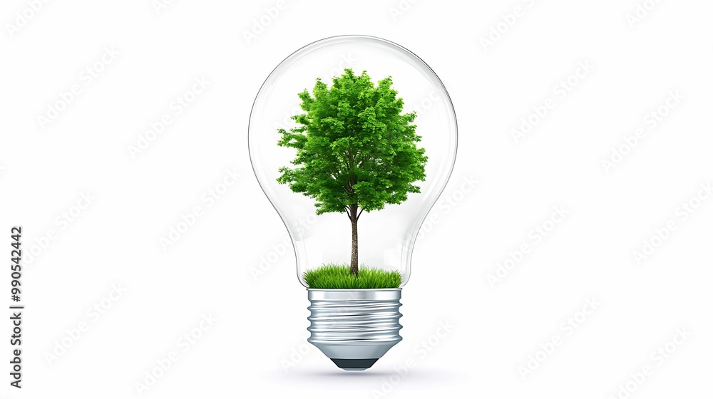 A light bulb containing a green tree, symbolizing eco-friendliness and sustainable energy solutions. A light bulb containing a green tree, symbolizing eco-friendliness and sustainable energy solutions.