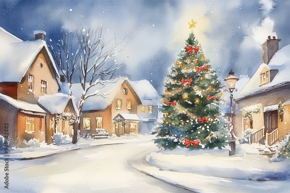 Watercolor Painting of a Cozy Village Scene with a Christmas Tree Glowing Amidst Snowy Rooftops and Festive Lights Watercolor Painting of a Cozy Village Scene with a Christmas Tree Glowing Amidst Snowy Rooftops and Festive Lights