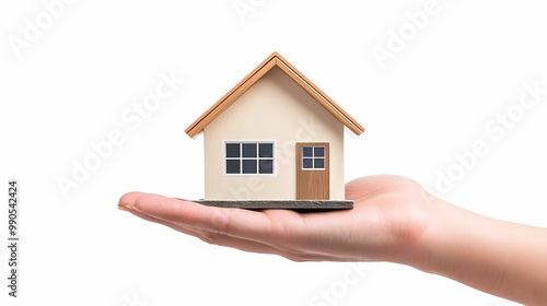 A hand holds a miniature house, symbolizing home ownership and real estate.