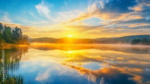 Serene panorama of a tranquil lake at sunrise, showcasing the stunning reflections of the colorful sky and majestic surrounding mountains