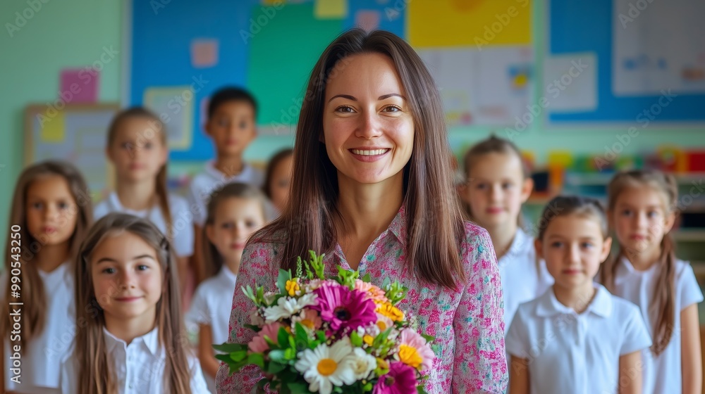 Happy school time. Portrait of first grade students with their female class teacher on first day of school. Happy school time. Portrait of first grade students with their female class teacher on first day of school.