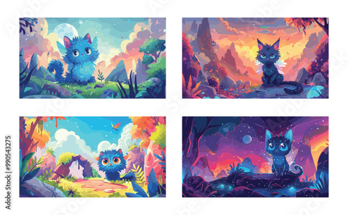 Cute alien fantastic monster cartoon landscape vector concepts. Cat wings fur glow big eyes wings trees rock stones outer world wildlife bright cute concepts