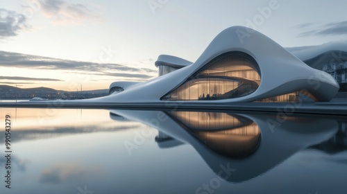 A shot of a futuristic building with a curved, organic design, sitting on a waterfront with reflections in the water.