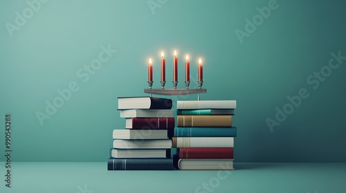 A cozy scene featuring a stack of books with a menorah and candles, perfect for celebrations and festive gatherings. photo