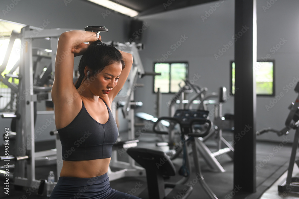 Strong young athletic woman lifting dumbbell in fitness gym. Sports and healthy lifestyle concept Strong young athletic woman lifting dumbbell in fitness gym. Sports and healthy lifestyle concept