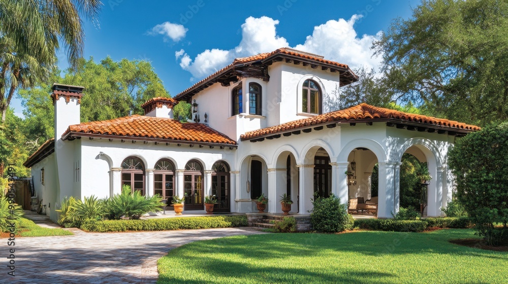 A shot of a Mediterranean-style villa with white stucco walls, arched windows, and terracotta roof tiles. A shot of a Mediterranean-style villa with white stucco walls, arched windows, and terracotta roof tiles.