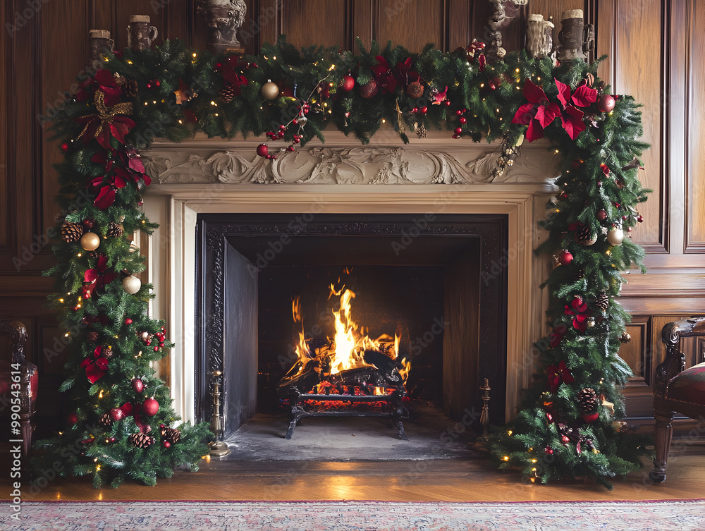 Holiday garland draped over a plain fireplace.
Holiday garland draped over a plain fireplace.