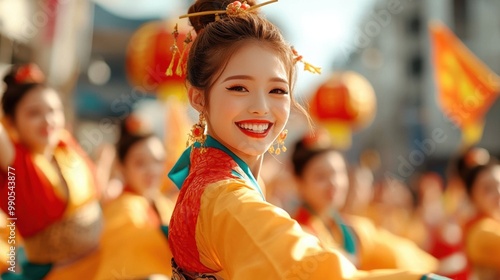 A joyful dancer in traditional attire smiles brightly during a vibrant festival, capturing the essence of cultural celebration.