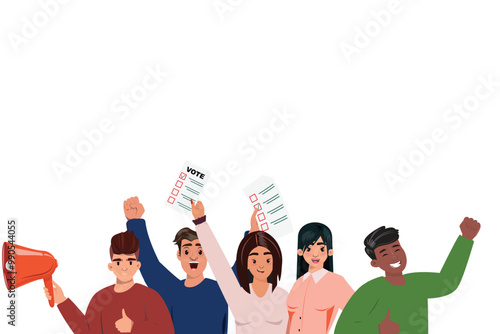 Group of young individuals with vote papers and megaphone, giving thumbs up. Customisable top space