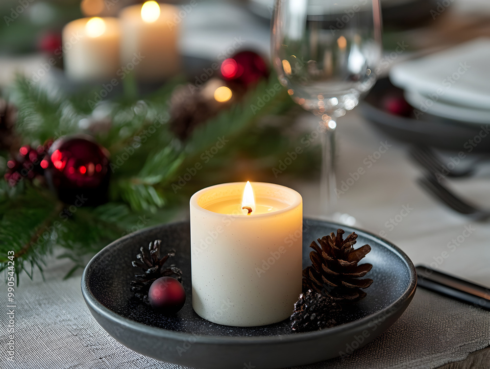 Lit Christmas candle with simple decorations around it.
Lit Christmas candle with simple decorations around it.