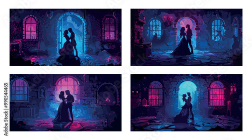 Dancing ghosts cartoon vector scenes. Man woman medieval cracked walls night old interior castle dungeon gentleman ladies dead couple scary room game assets concepts