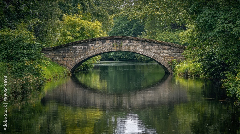 A view of an old stone bridge crossing a serene river, with surrounding trees and greenery reflecting in the water. A view of an old stone bridge crossing a serene river, with surrounding trees and greenery reflecting in the water.