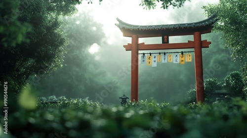 A serene Japanese torii gate surrounded by lush greenery, encapsulating tranquility and natural beauty in a misty landscape.