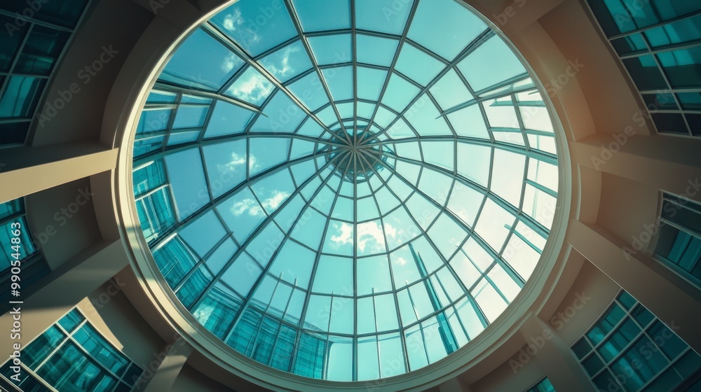Obraz premium A wide-angle view of a glass dome ceiling in a contemporary building, with natural light streaming through.