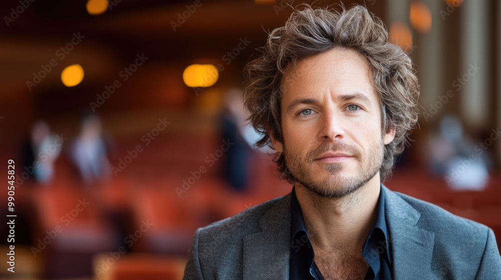 Obraz premium A man with wavy hair wearing a blazer smiles in a theater, surrounded by elegant decor and subtle lighting in the background