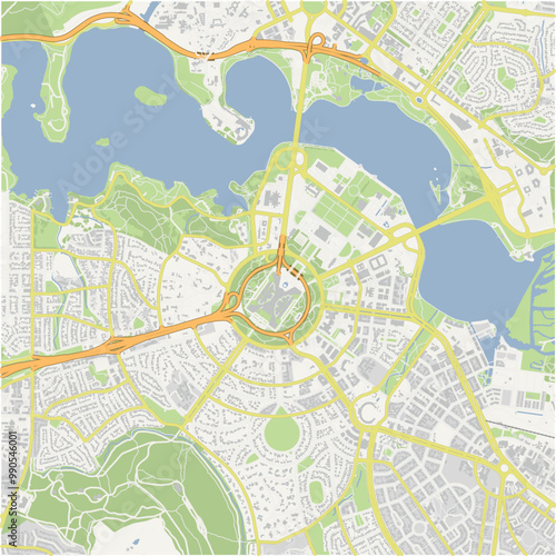 Map of Canberra center in Australia in a normal road map style. Contains layered vector with roads water, parks, etc.