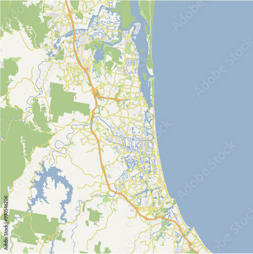 Map of Gold Coast in Australia in a normal road map style. Contains layered vector with roads water, parks, etc.