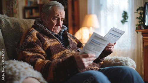 Senior man, bundled in warm attire, sits in living room at home. photo