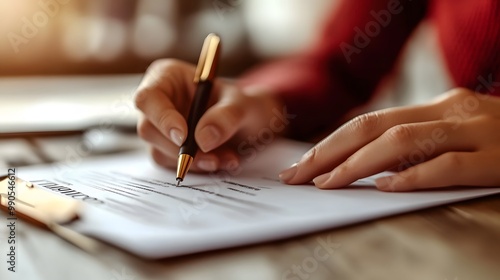 Writing with a pen on a document at a table